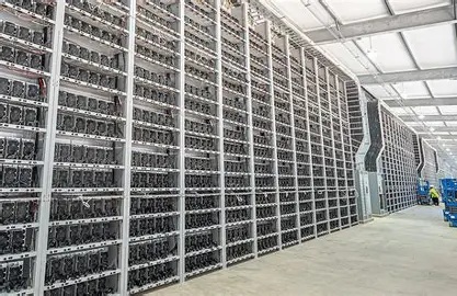 A sprawling Bitcoin mining farm in Nigeria showcasing rows of high-performance mining rigs